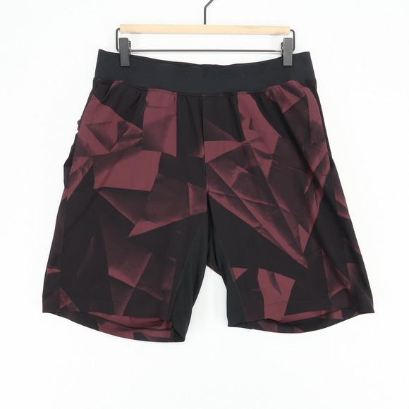 Lululemon T.H.E. Shorts Mens Large Burgundy Black Print Athletic Gym Running - Picture 1 of 8